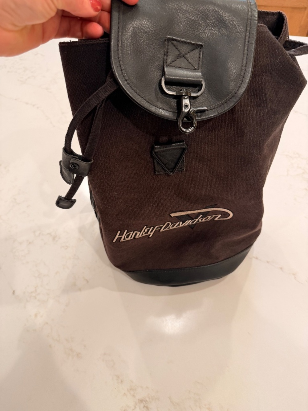Harley-Davidson Brown Canvas Drawstring Backpack Black Trim